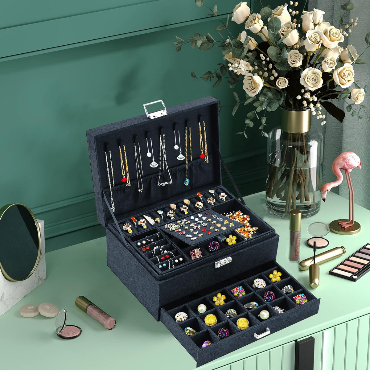 Velvet Jewelry Box for Women, 8 Necklace Hooks & 56 Earring Holes