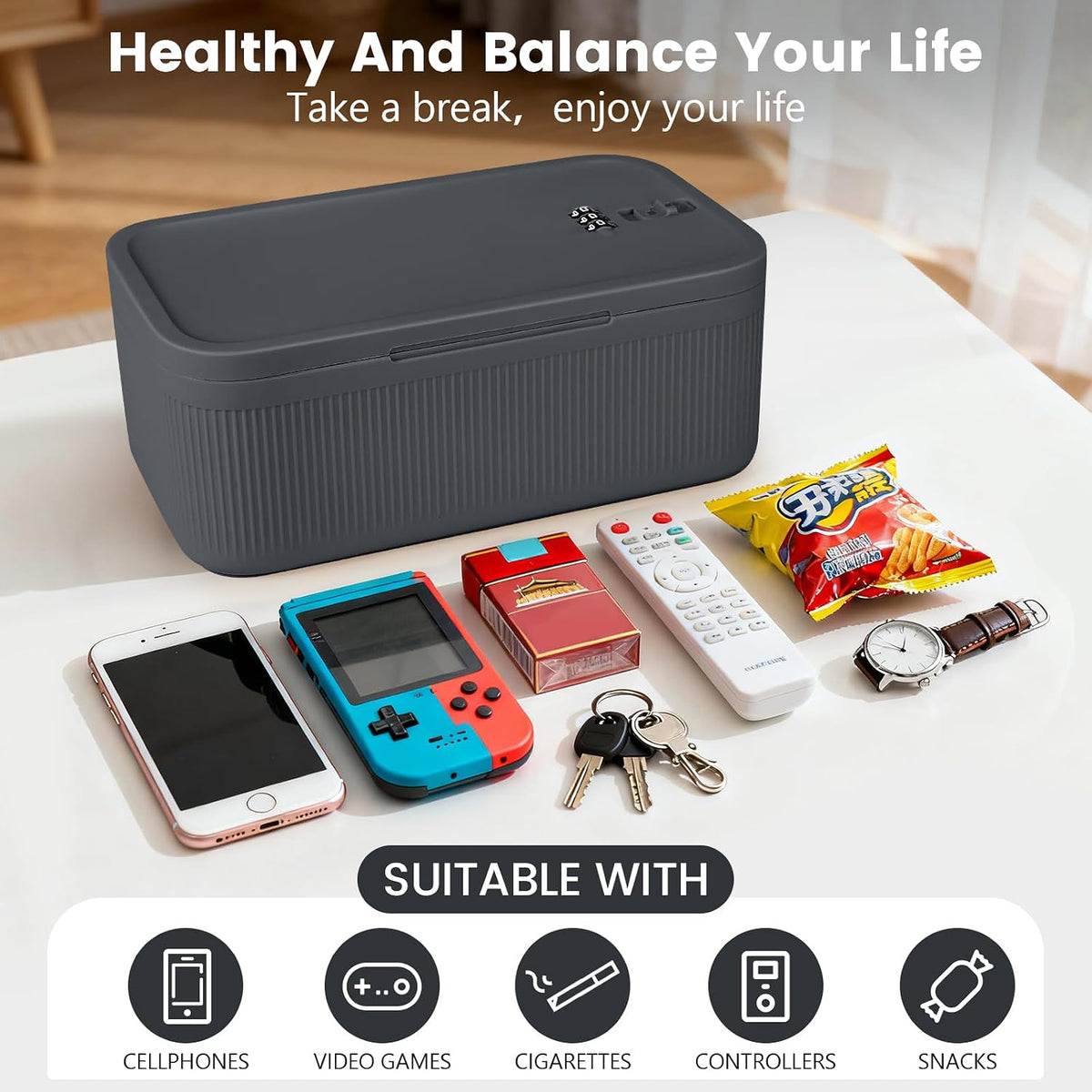 Small Lock Box,Lockable Storage Box with Combination Code for Medication Safe, Medicine Lock Box for Pills/First Aid Kits/Food/Snack Phone Jail,Locked Container for Home/Fridge/Office (Gray)