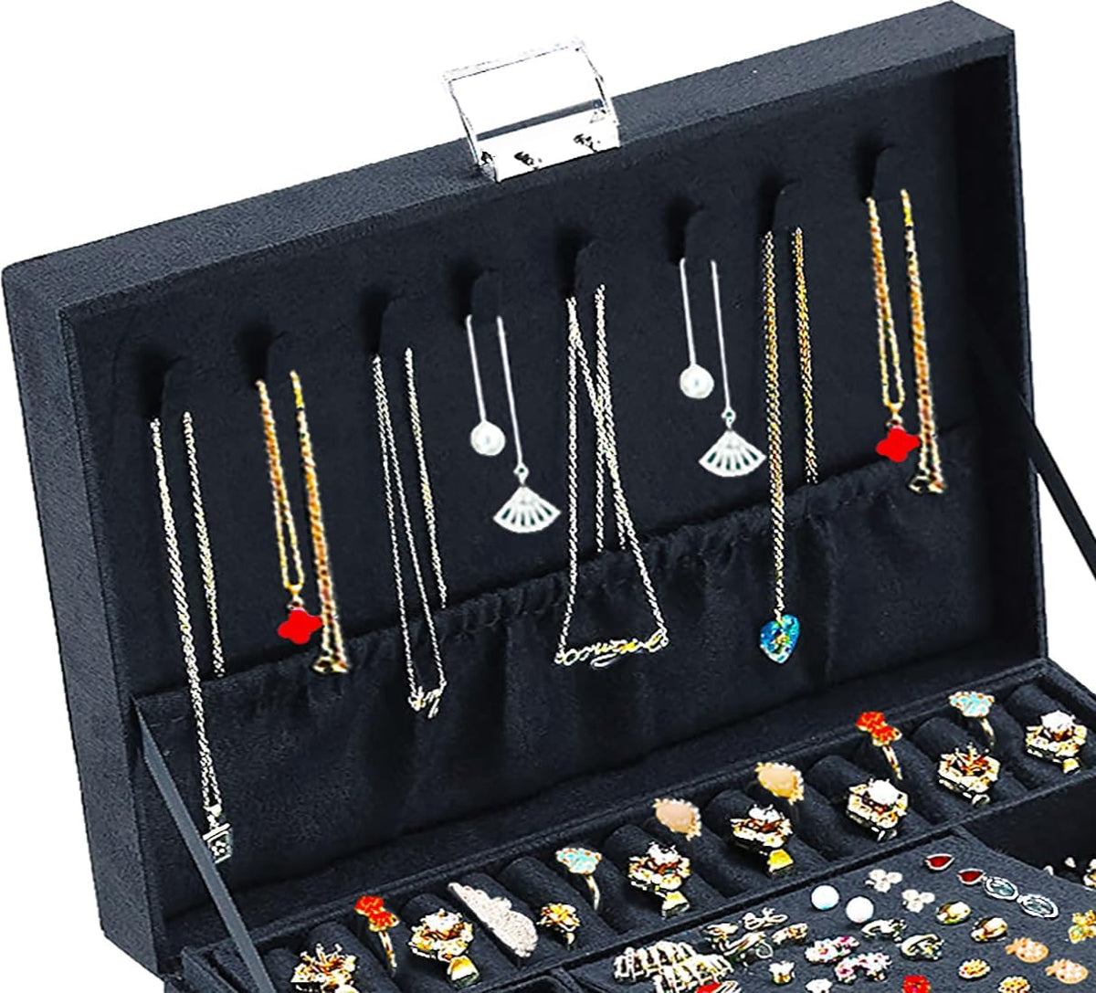 Velvet Jewelry Box for Women, 8 Necklace Hooks & 56 Earring Holes