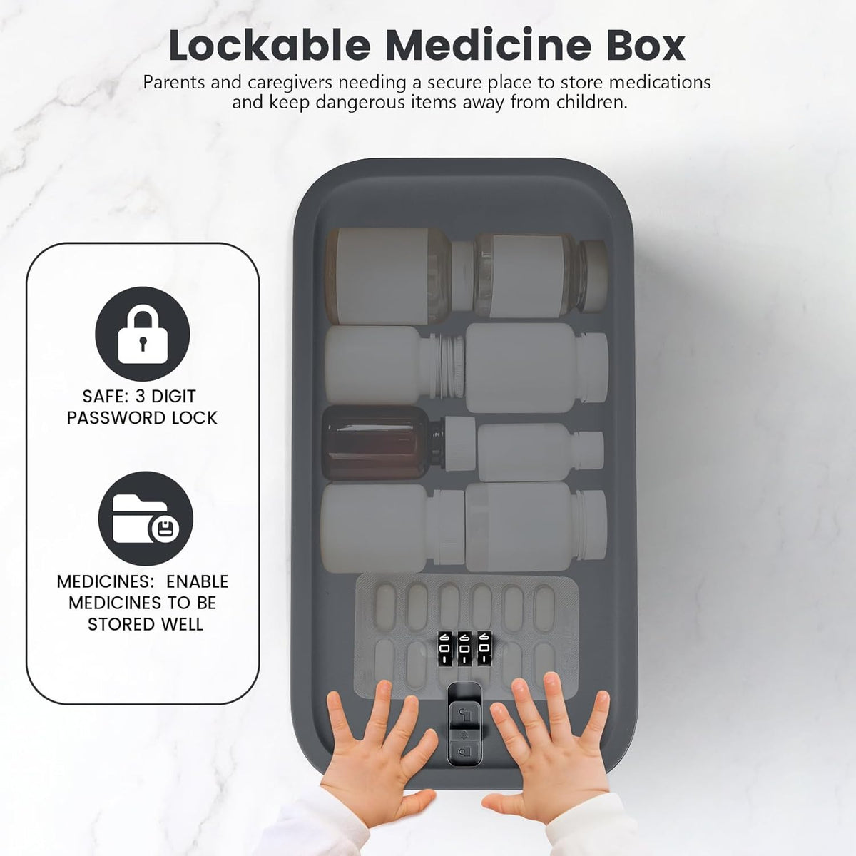 Small Lock Box,Lockable Storage Box with Combination Code for Medication Safe, Medicine Lock Box for Pills/First Aid Kits/Food/Snack Phone Jail,Locked Container for Home/Fridge/Office (Gray)