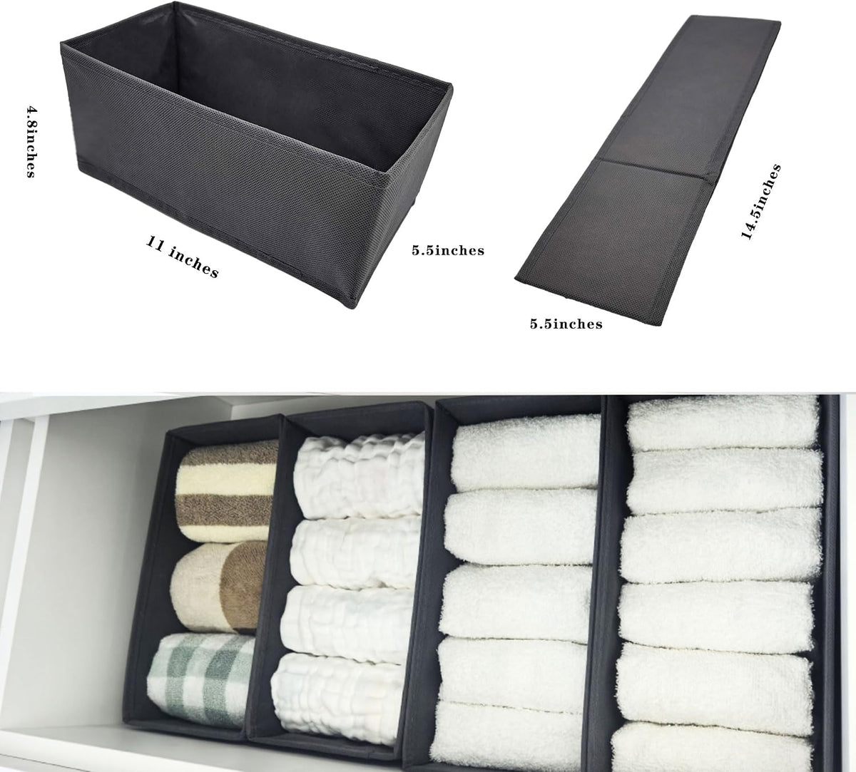 Foldable Drawer Organizer, 3 Pack Gray Fabric Storage Bins with Hardboard Sides, 11×5.5×4.8 Inch Dresser Drawer Dividers for Socks, Underwear, Accessories – Closet Organizer Boxes