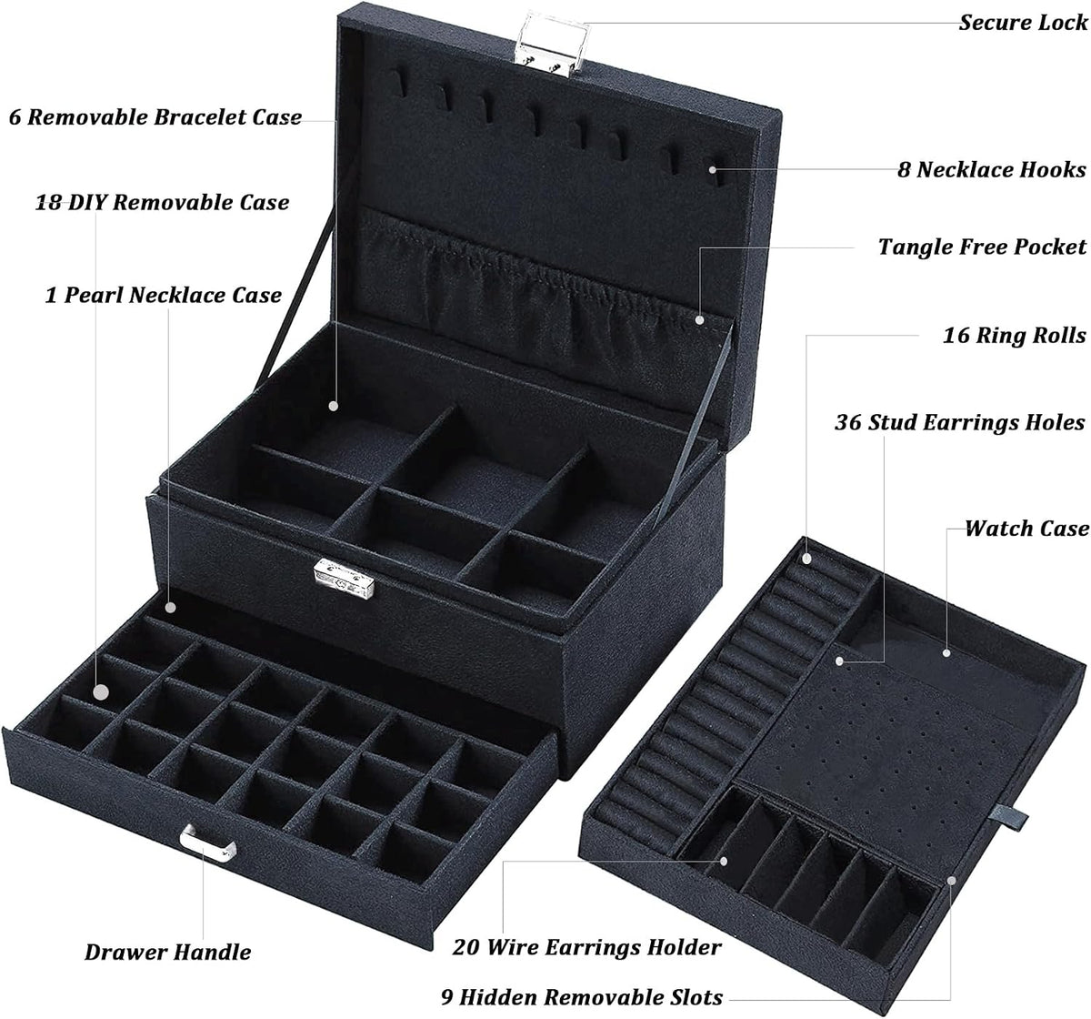Velvet Jewelry Box for Women, 8 Necklace Hooks & 56 Earring Holes