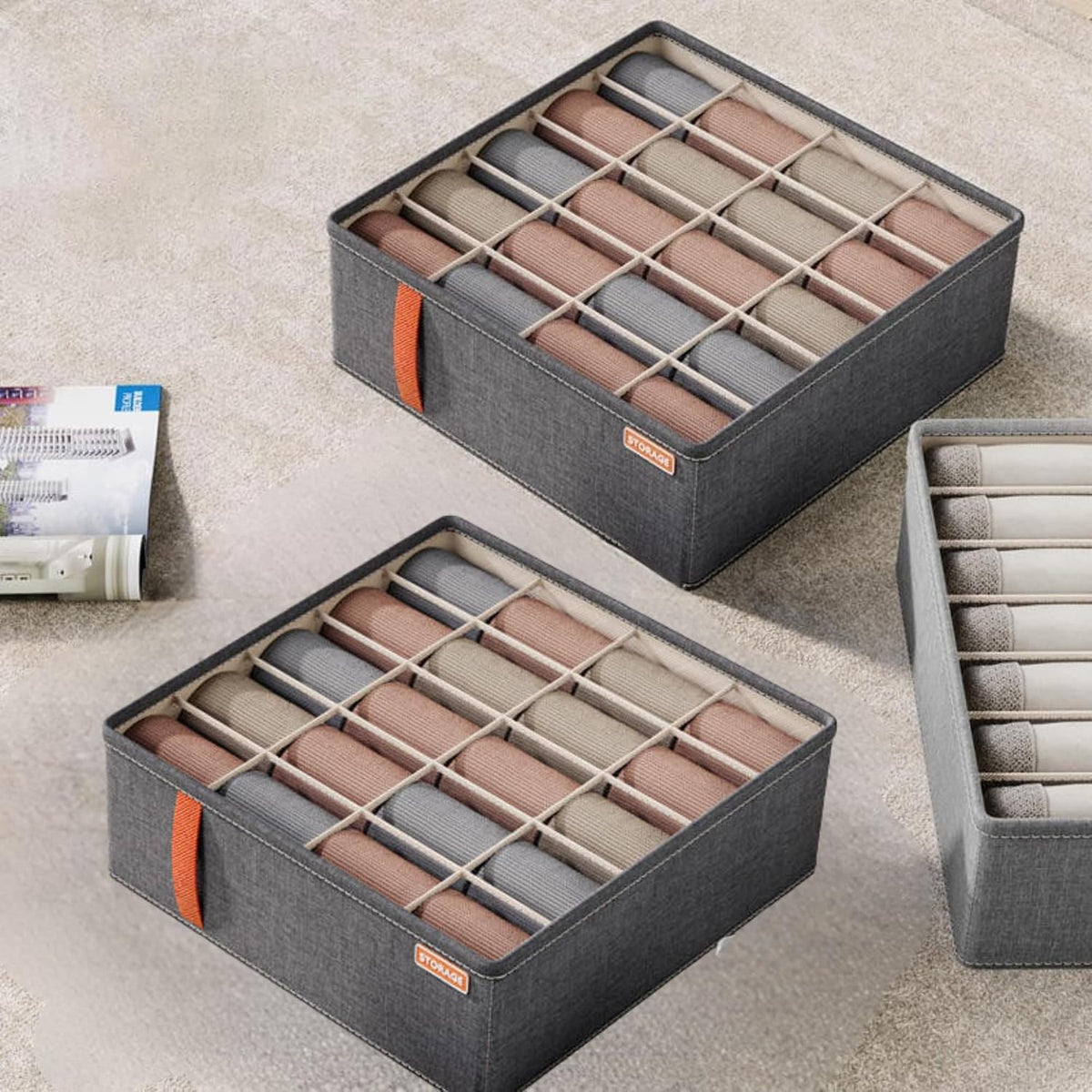 Sock and Underwear Drawer Organizer Set – 3 Pack Foldable Fabric Closet Storage Bins for Dresser Drawers, Holds 20 Socks and 14 Underwear, Drawer Dividers for Closet, Bedroom, Nursery