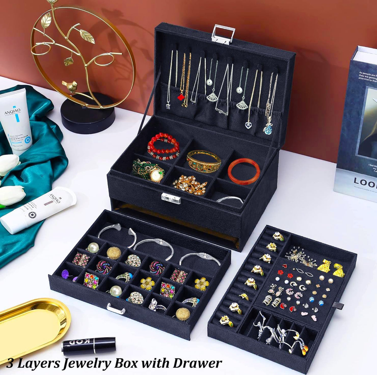 Velvet Jewelry Box for Women, 8 Necklace Hooks & 56 Earring Holes