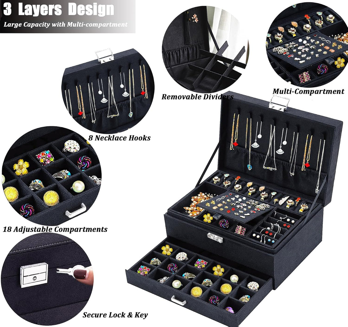 Velvet Jewelry Box for Women, 8 Necklace Hooks & 56 Earring Holes