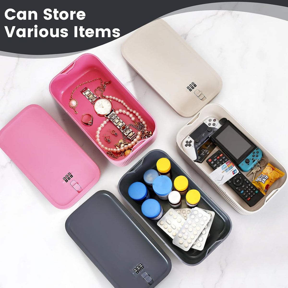 Small Lock Box,Lockable Storage Box with Combination Code for Medication Safe, Medicine Lock Box for Pills/First Aid Kits/Food/Snack Phone Jail,Locked Container for Home/Fridge/Office (Gray)